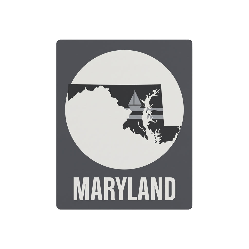 Maryland nautical sailboat metal art sign, dark gray with white circle and sailboat graphic