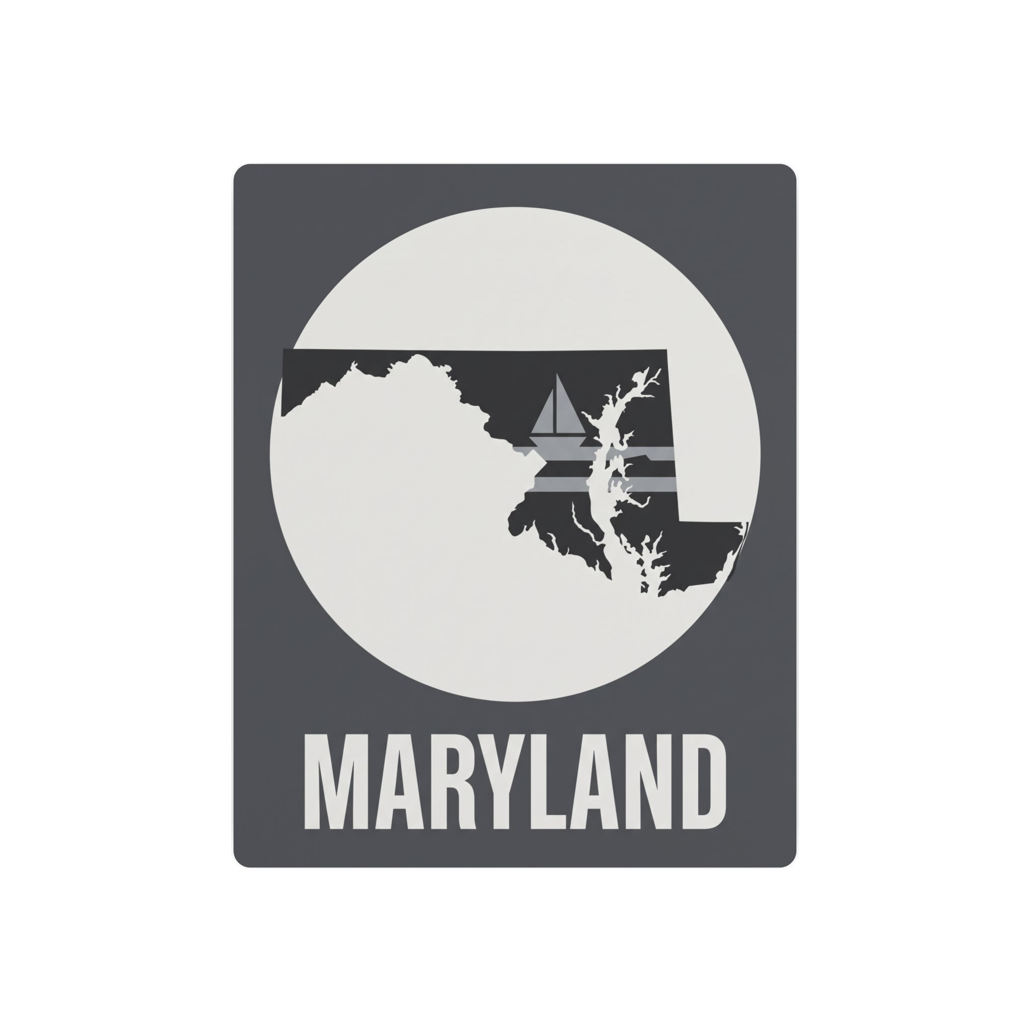 Maryland nautical sailboat metal art sign, dark gray with white circle and sailboat graphic