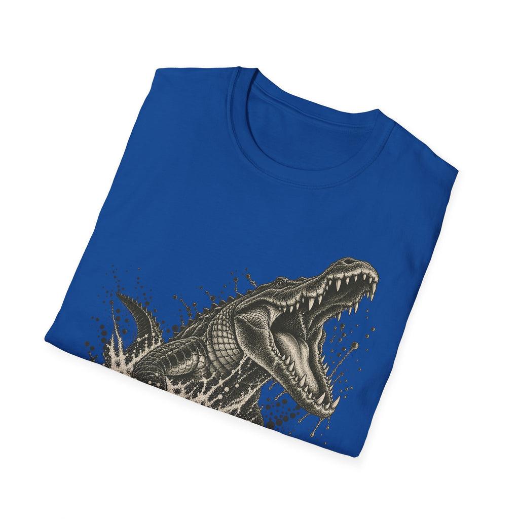 Royal blue T-shirt with lunging alligator graphic, speckled splash