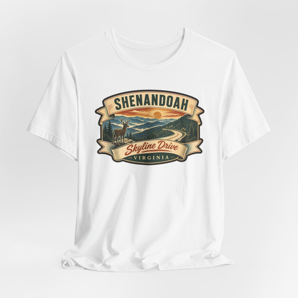 White short-sleeve t-shirt with vintage Skyline Drive badge graphic on chest