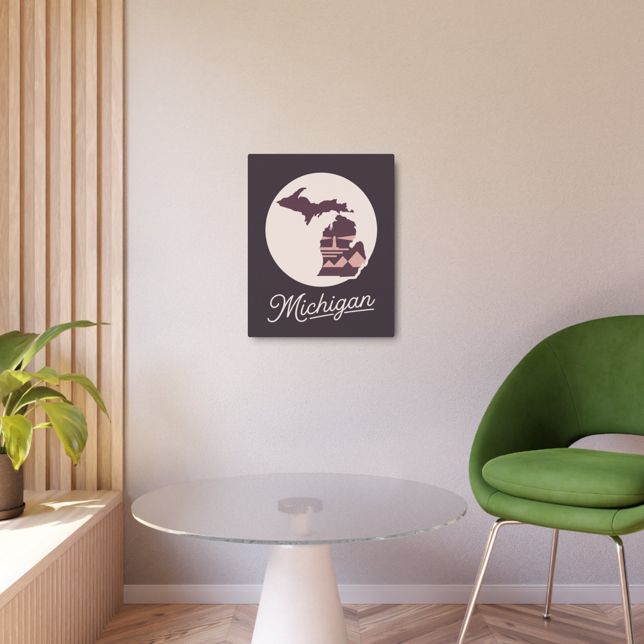 Mauve metal wall art plaque with pale circle Michigan silhouette and 'Michigan' script
