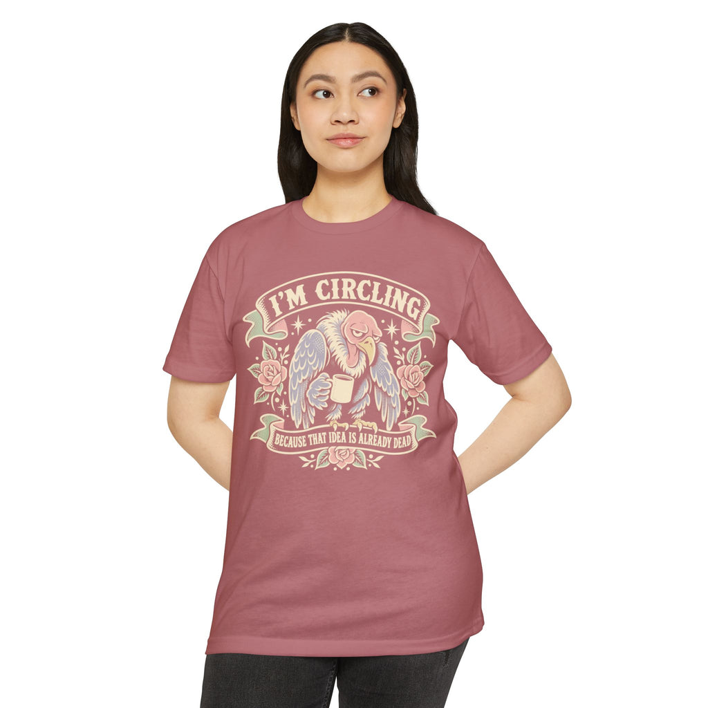 Maroon graphic tee with vulture artwork and 'I'm Circling' slogan on chest