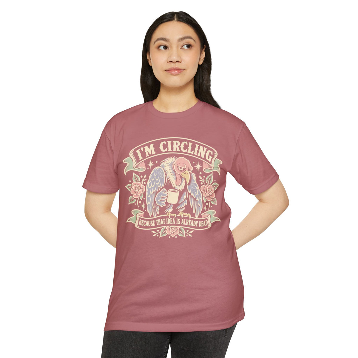 Maroon graphic tee with vulture artwork and 'I'm Circling' slogan on chest
