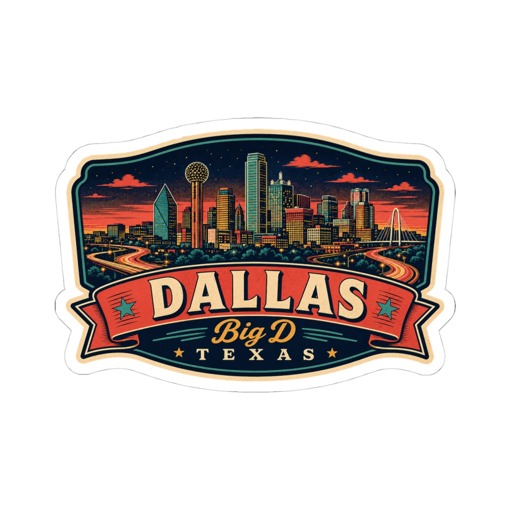 Dallas skyline luggage tag sticker with Big D Texas text and decorative border