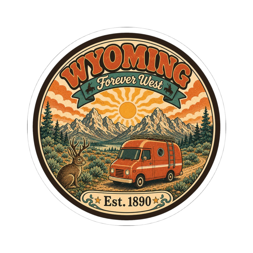Round kiss-cut sticker showing orange van travel scene with Wyoming Forever West text