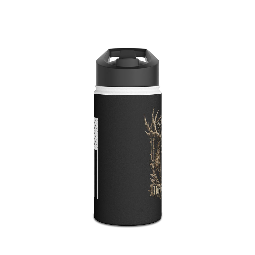 Black stainless steel tumbler with flip lid and antler graphic on side
