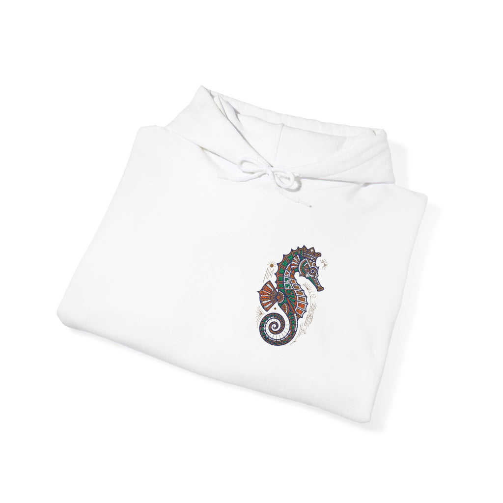 White hoodie with seahorse graphic on chest and front kangaroo pocket
