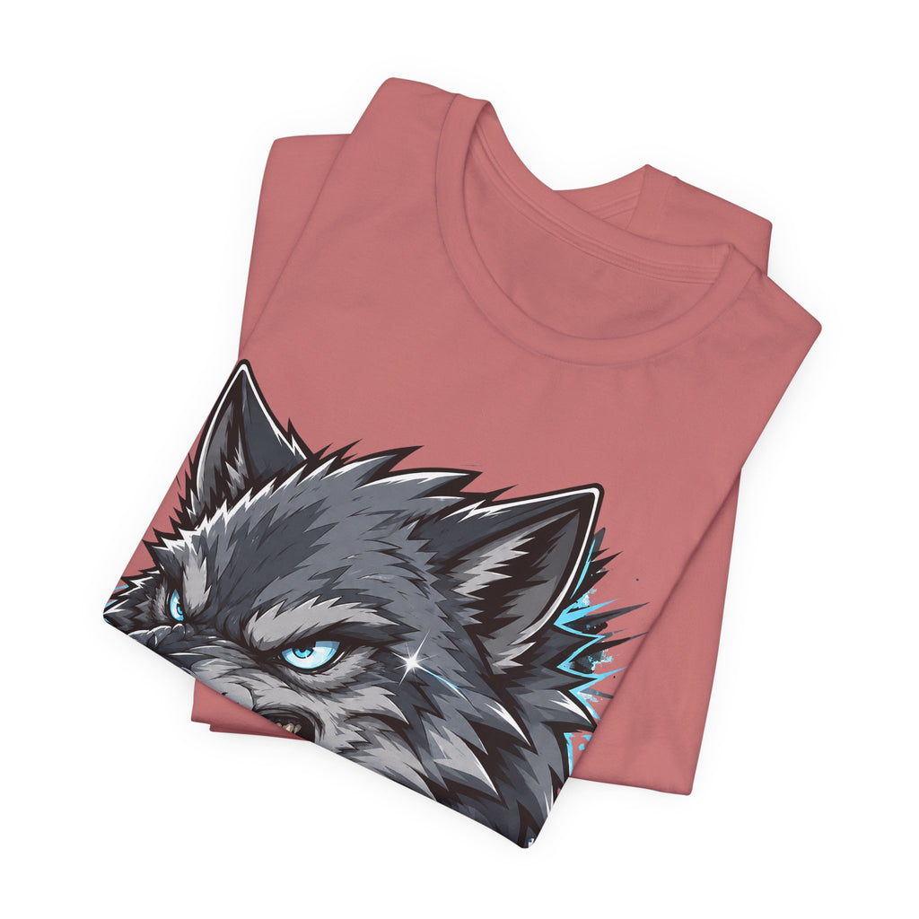Dusty rose wolf head graphic t-shirt with snarling wolf face and teal highlights
