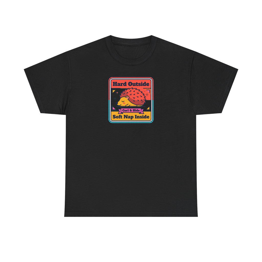 Black T-shirt with colorful hedgehog graphic and “Hard Outside Soft Nap Inside” text