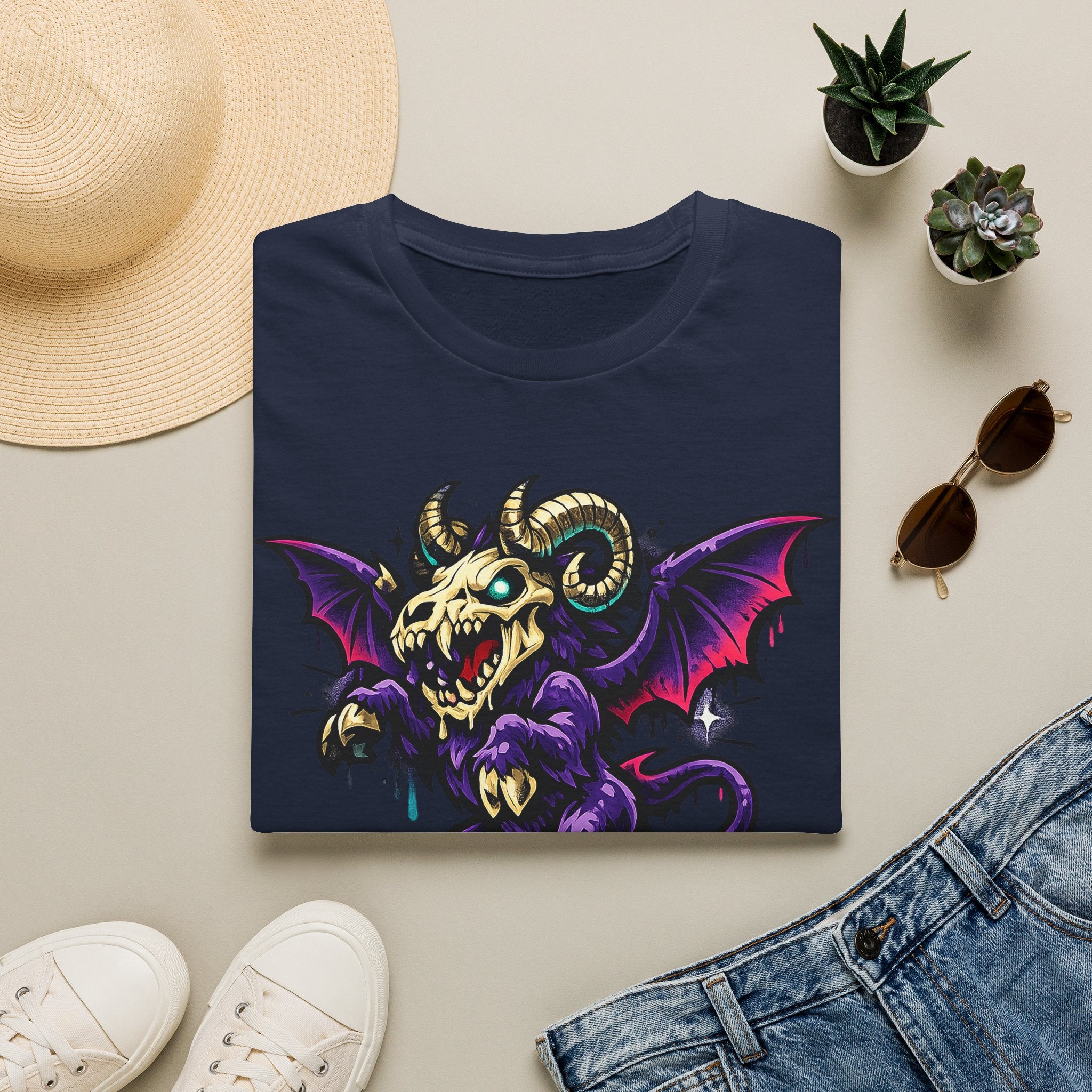 Navy gothic monster T-shirt with purple bat-skull ram creature graphic