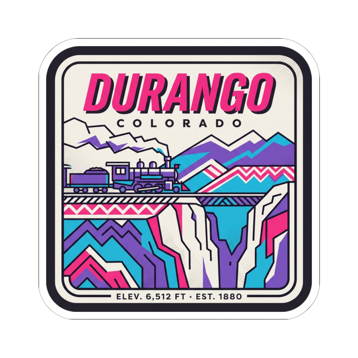 Square kiss-cut vinyl sticker showing Durango train landscape in purple and teal