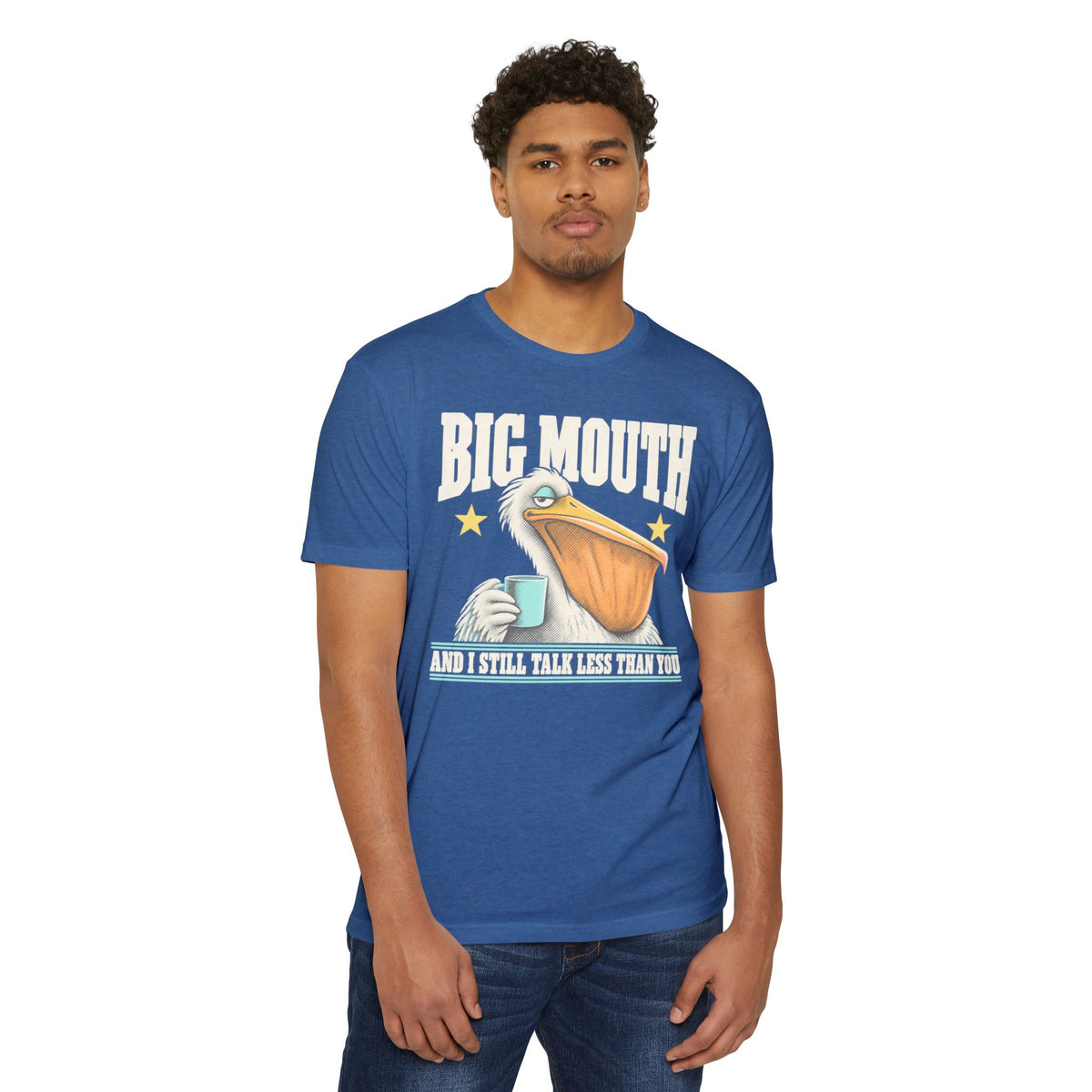 Men's blue graphic T-shirt with pelican coffee cup and star text print
