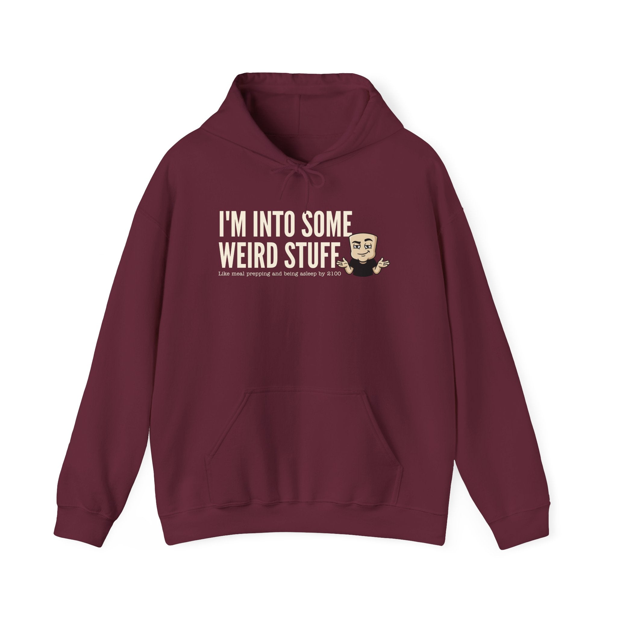 Maroon hoodie with front text graphic and kangaroo pocket