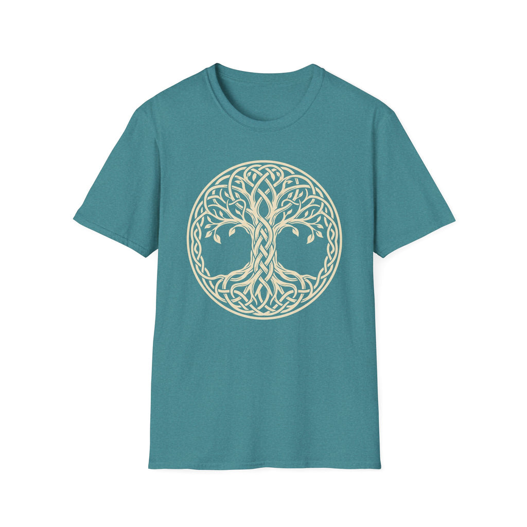 Teal T-shirt with light gold Celtic tree of life knotwork circle graphic