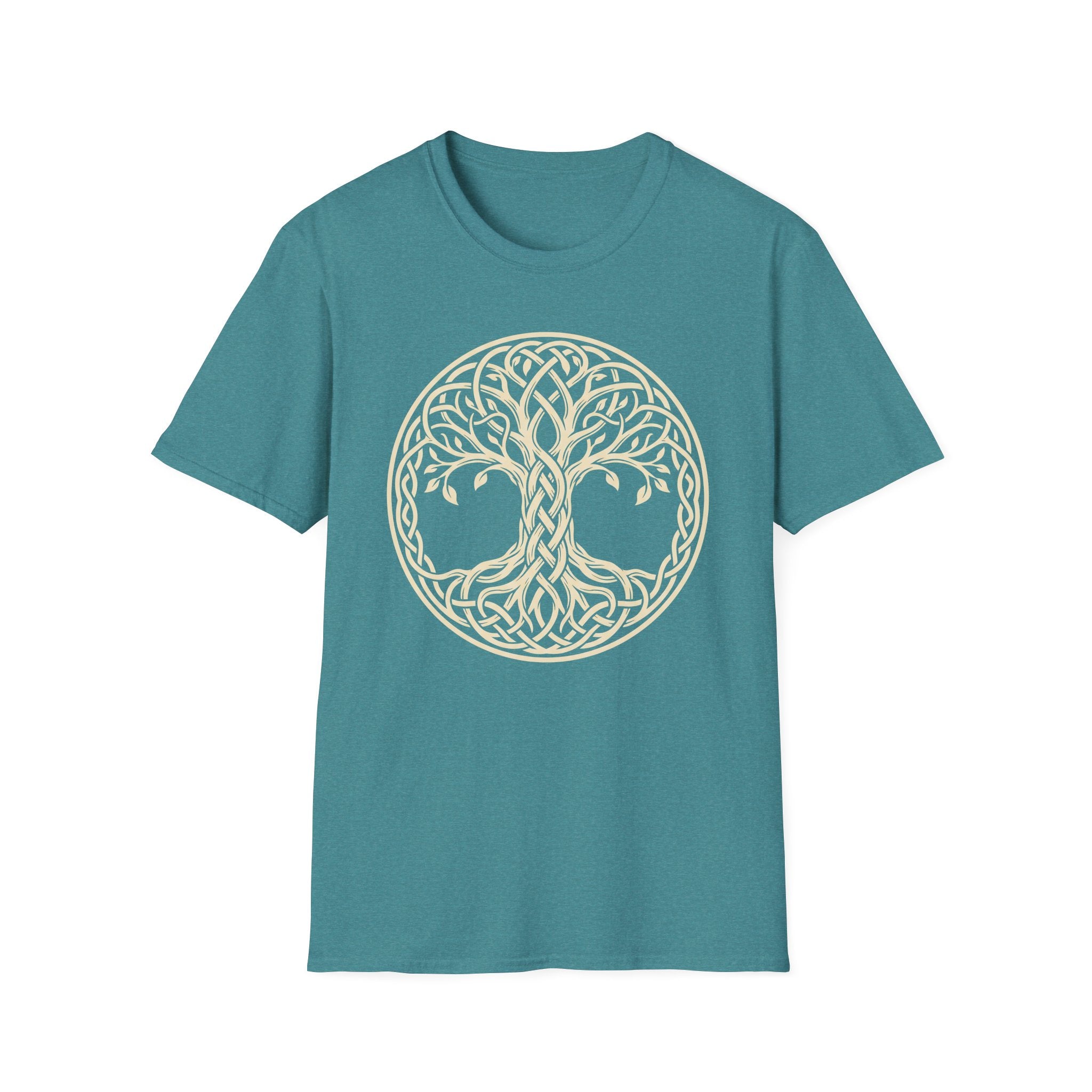Teal T-shirt with light gold Celtic tree of life knotwork circle graphic