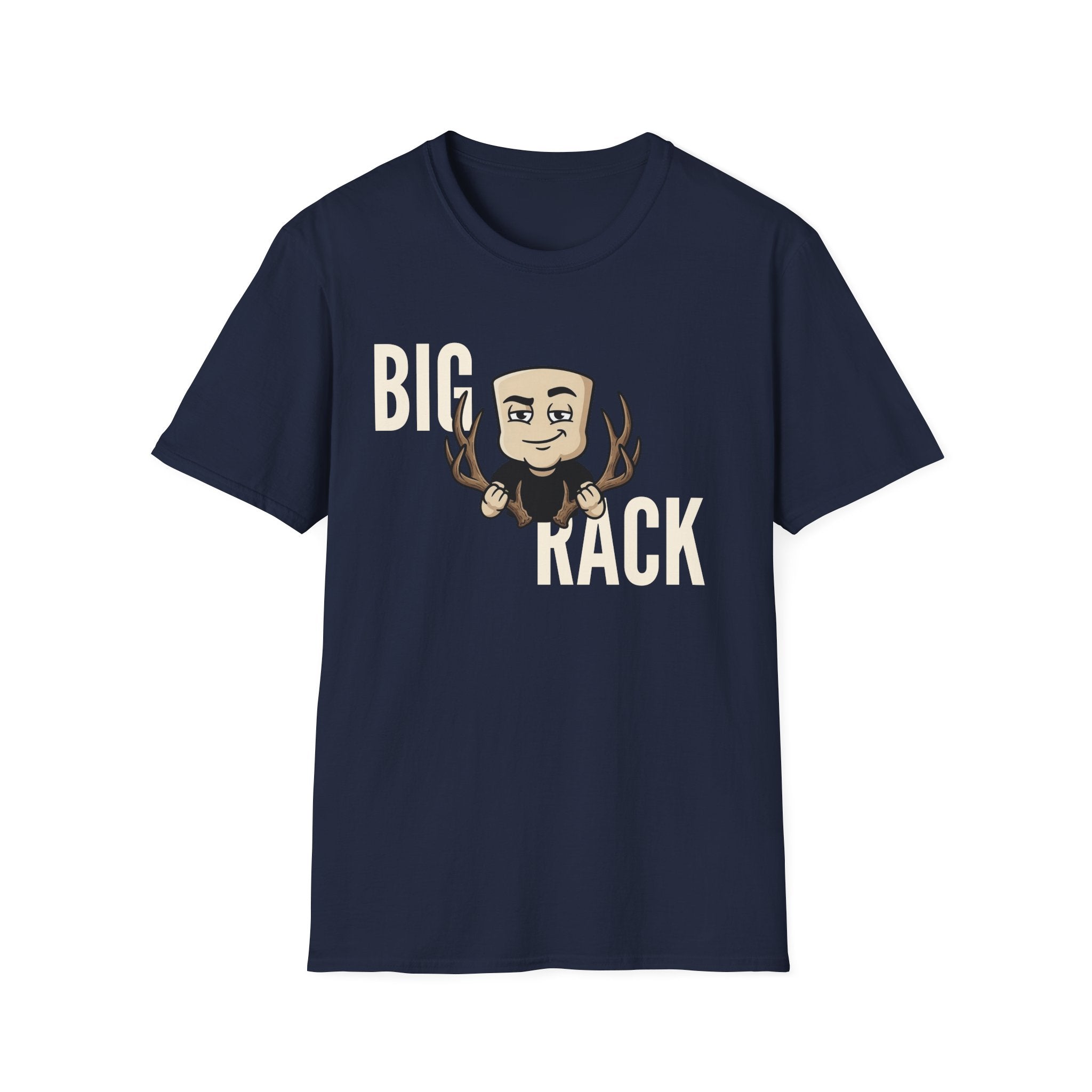 Navy T-shirt with "BIG" "KACK" cartoon hunter and antler graphic