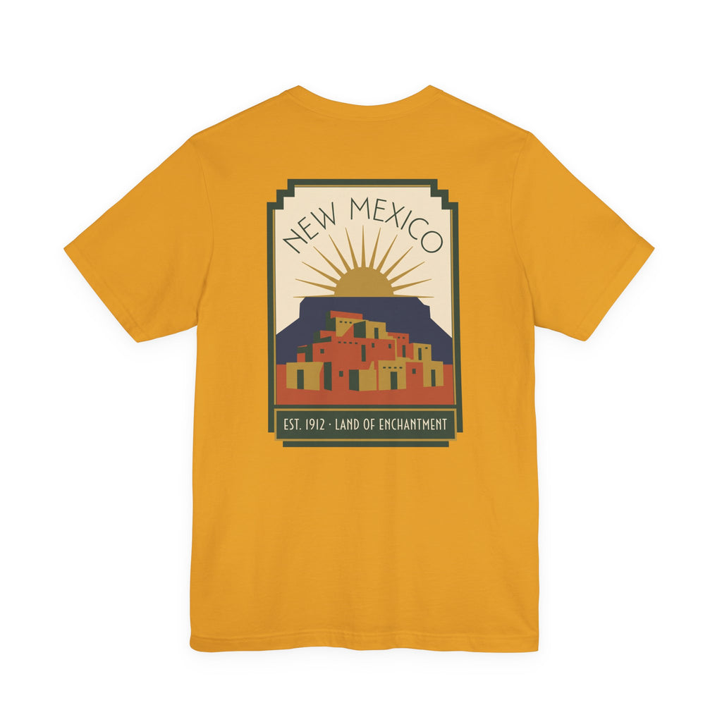 Mustard yellow T-shirt with New Mexico sunset Pueblo art graphic in a square frame