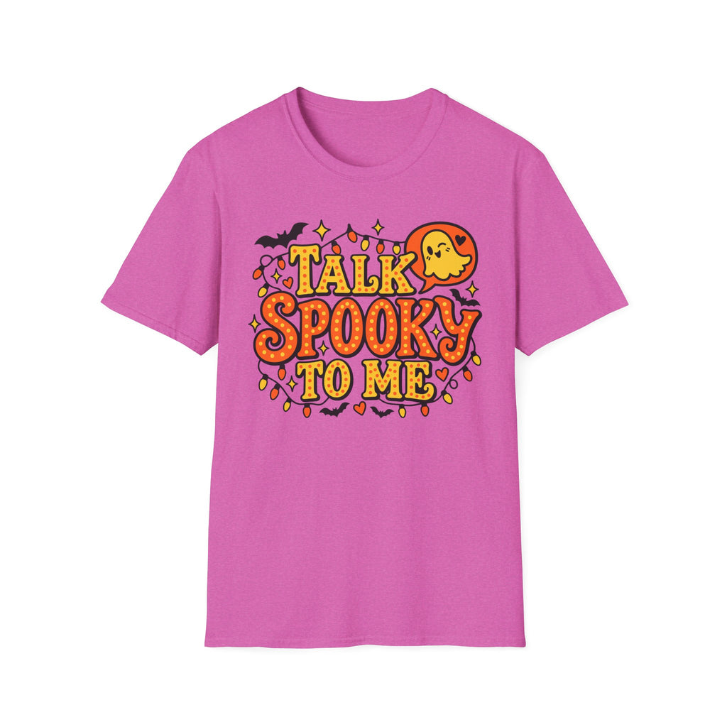 Purple crew-neck Halloween T-shirt with colorful “Talk Spooky to Me” ghost graphic