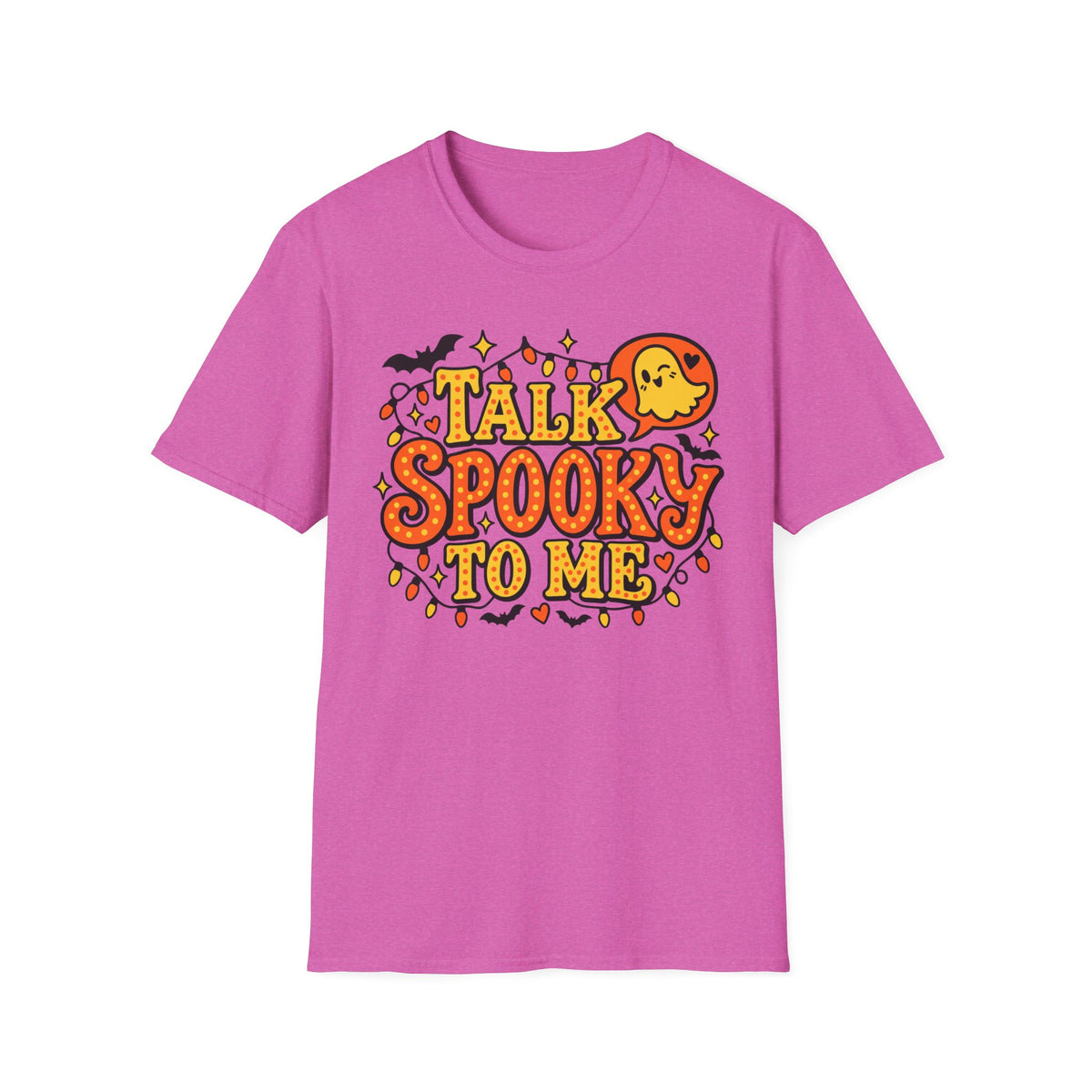 Purple crew-neck Halloween T-shirt with colorful “Talk Spooky to Me” ghost graphic