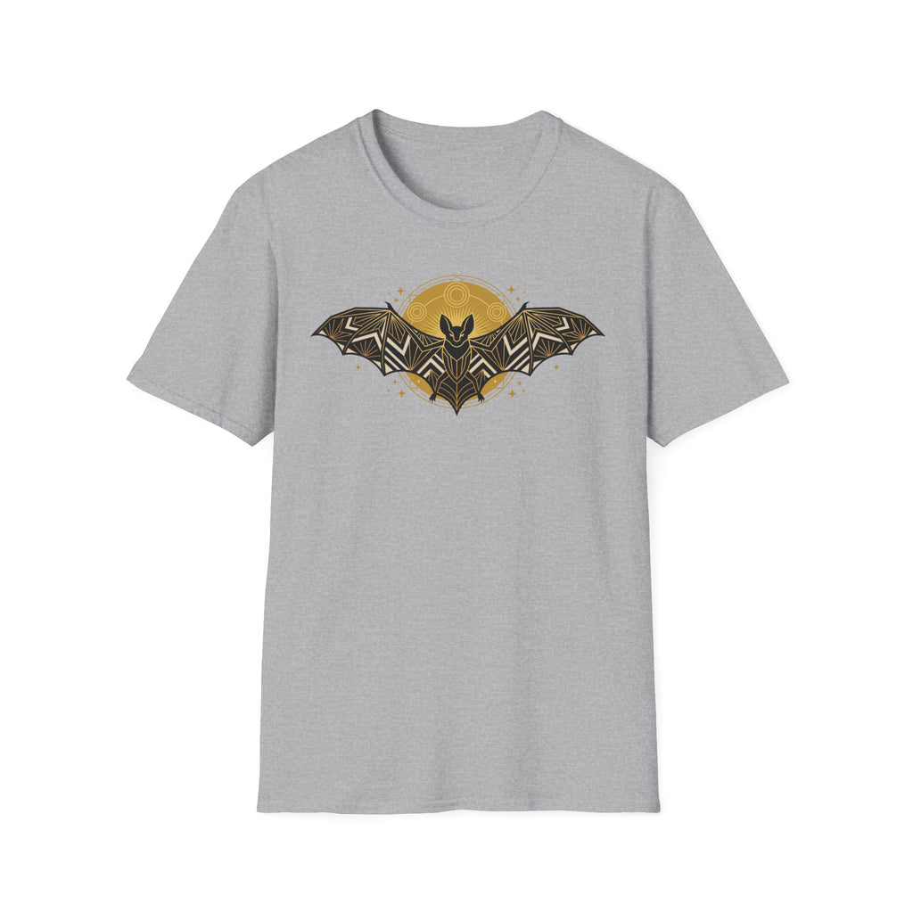 Sport grey T-shirt with geometric bat logo graphic on chest, crew neck