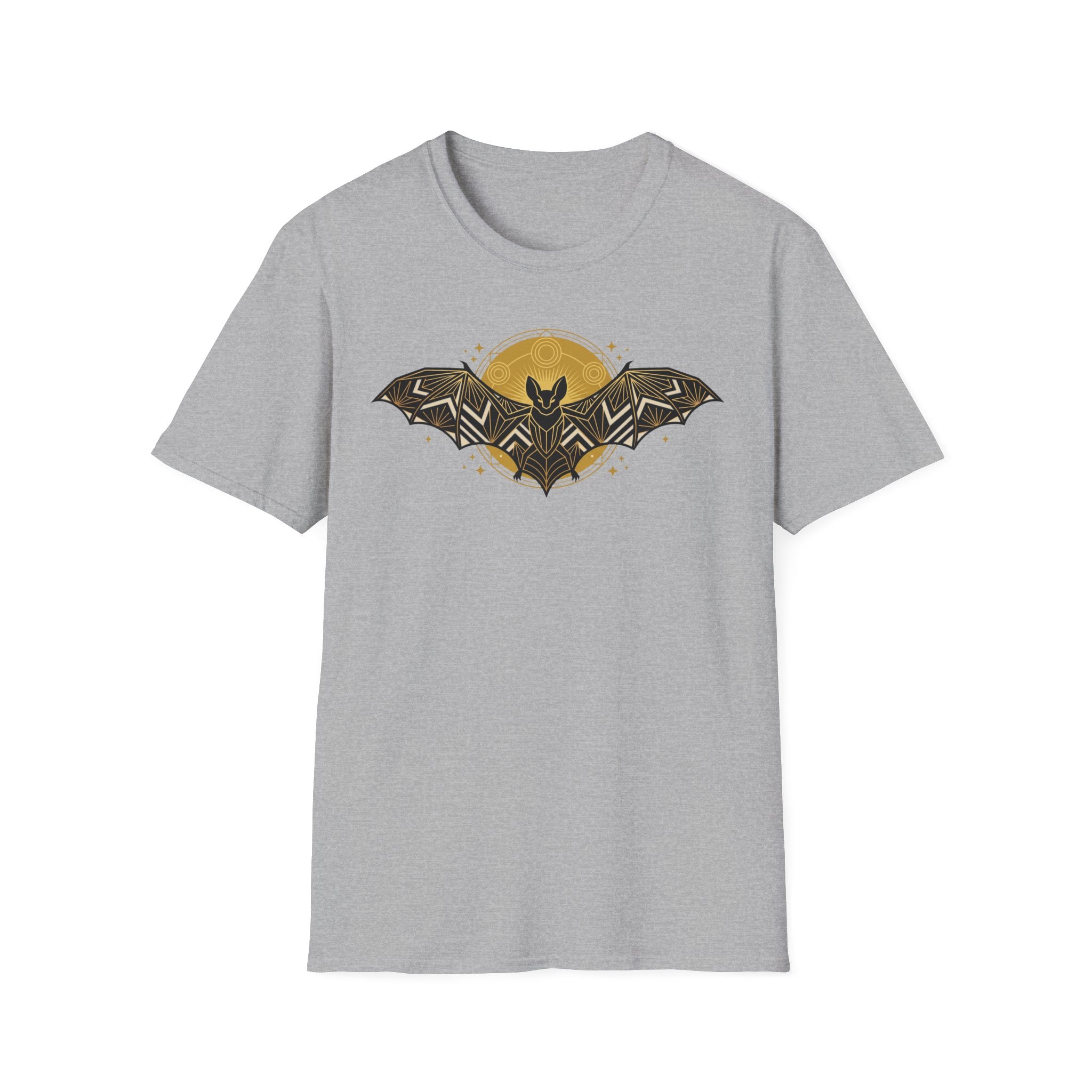 Sport grey T-shirt with geometric bat logo graphic on chest, crew neck