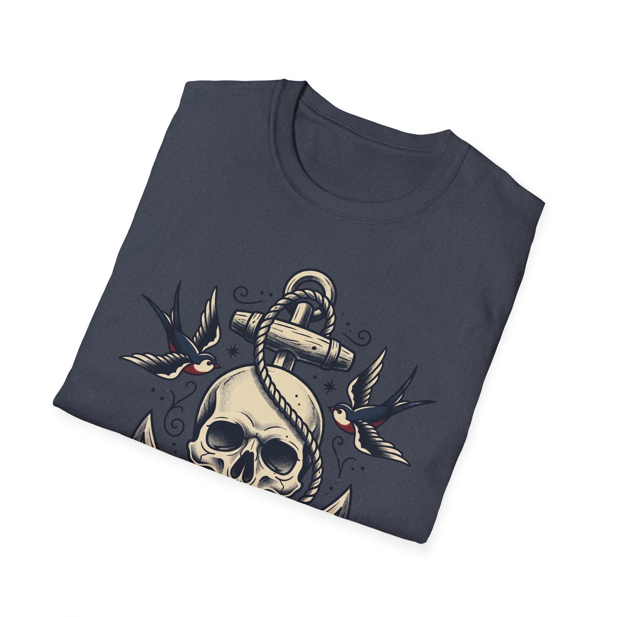 Dark heather sailor skull anchor tattoo T-shirt with birds and rope details