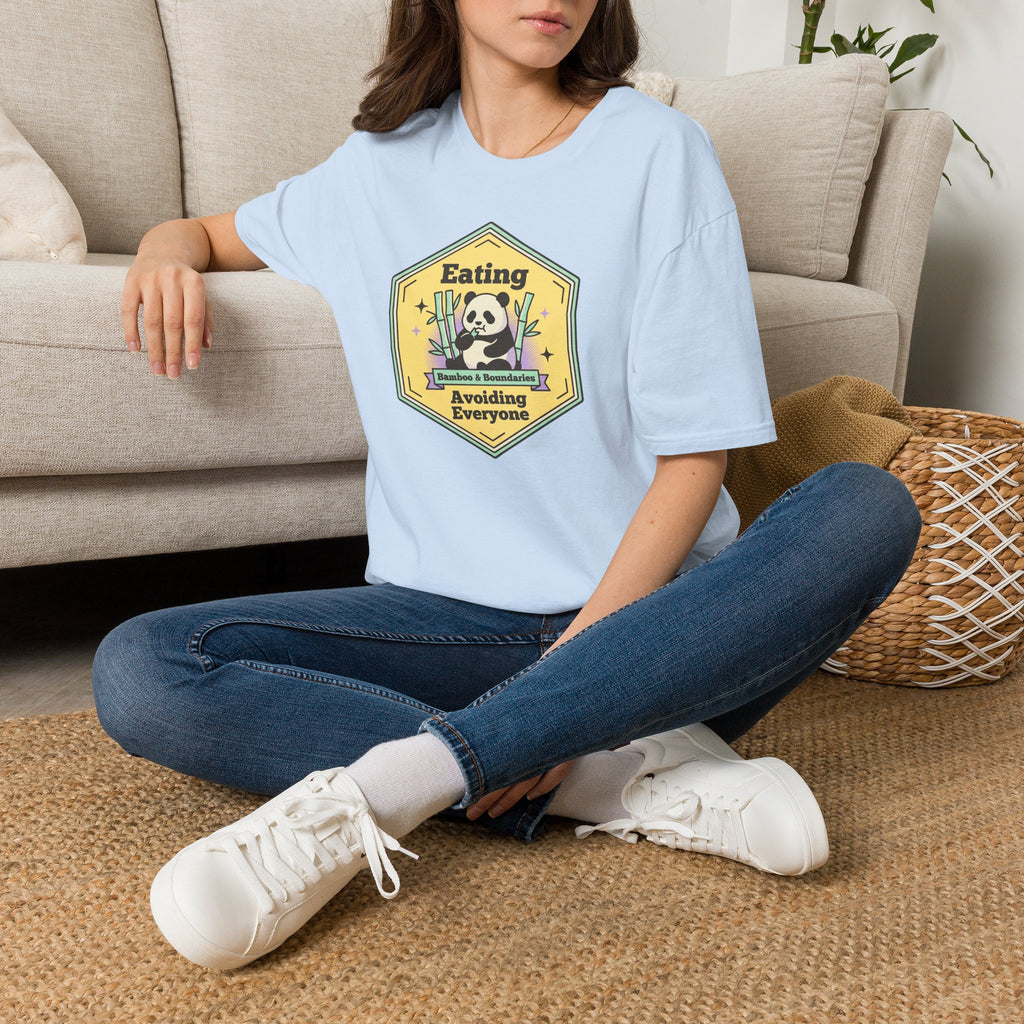 Unisex softstyle T-shirt, light blue on-body front with skull cartoon graphic