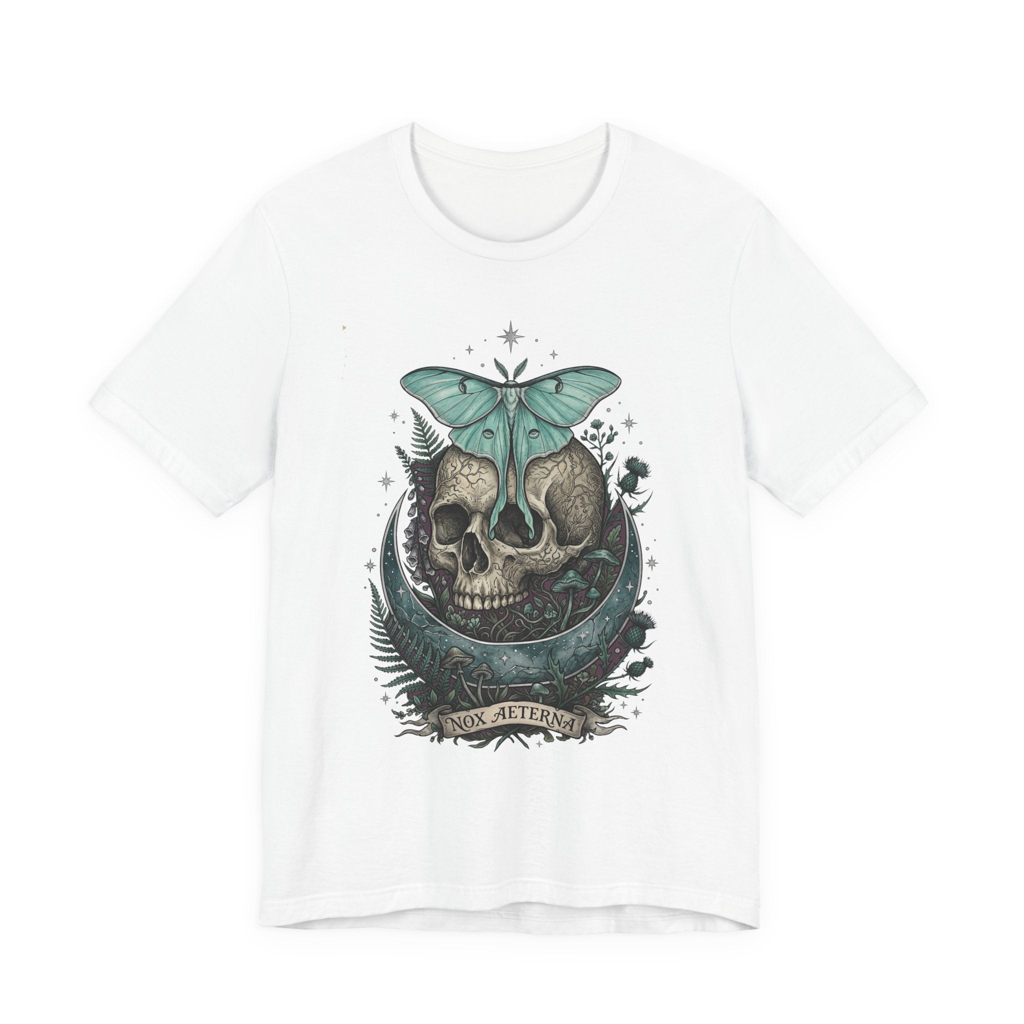 White unisex T-shirt with teal moth-and-skull graphic on chest