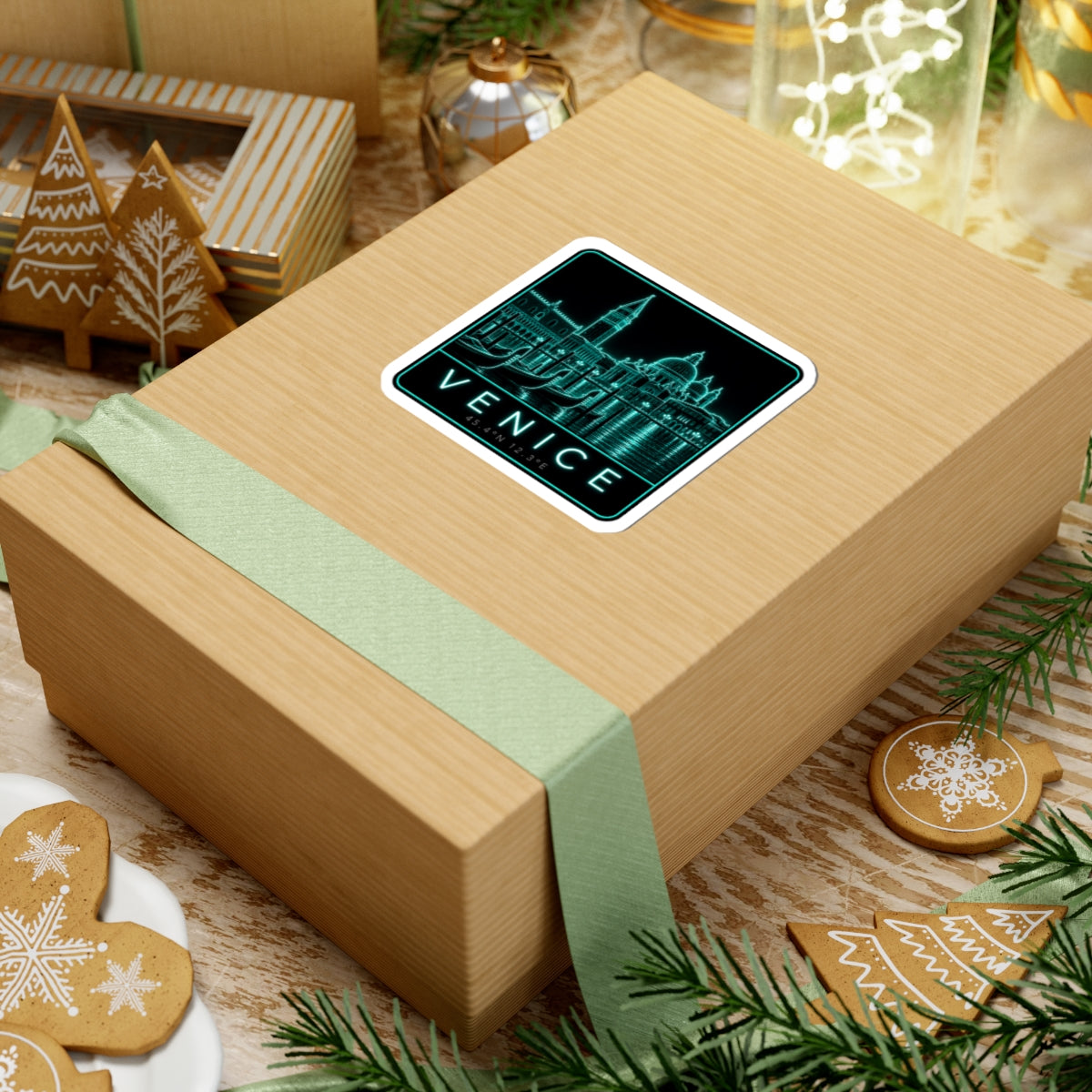 Neon Venice cityscape kiss-cut sticker on gift box, turquoise border and VENICE text