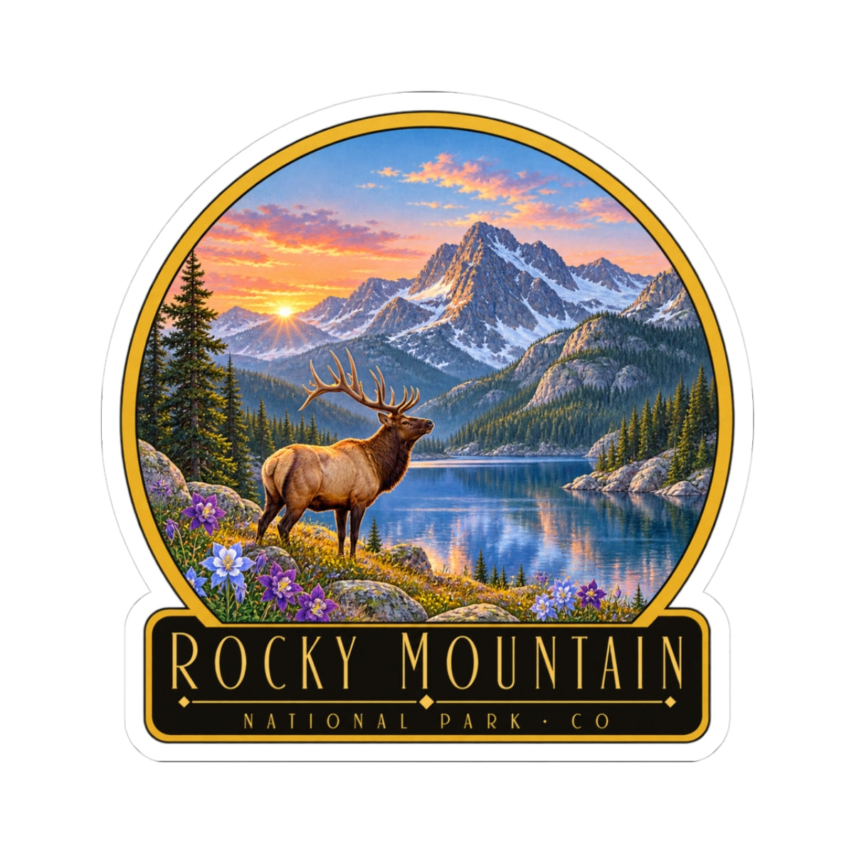 Round kiss-cut sticker showing an elk in a mountain lake scene at sunrise, with logo text