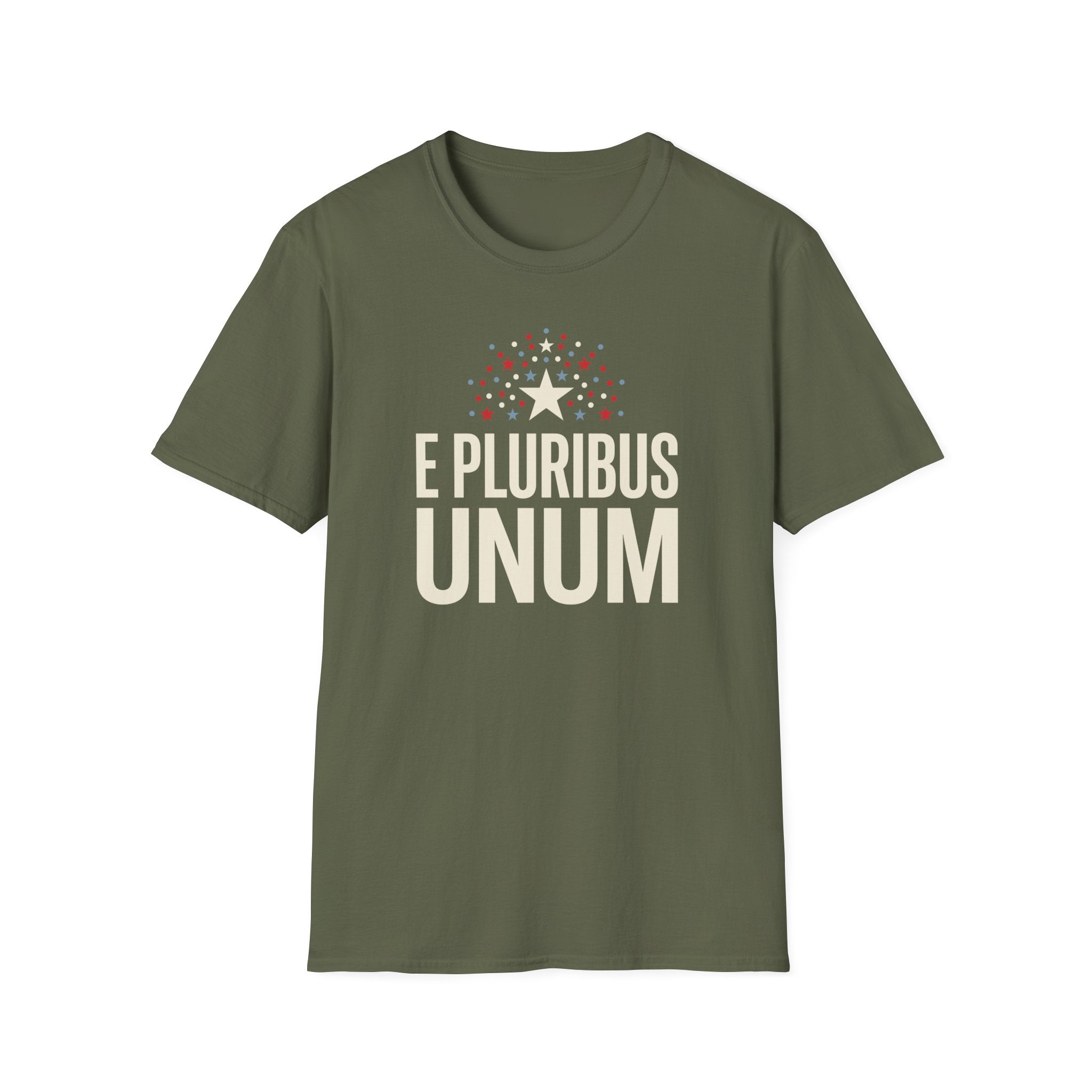Military green T-shirt with star and "E PLURIBUS UNUM" graphic