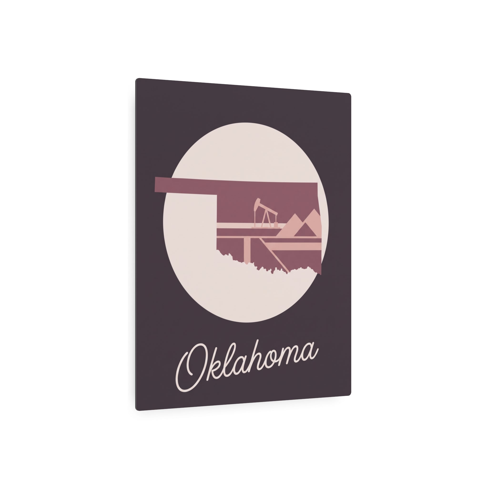 Square mauve Oklahoma wall art with circular skyline silhouette and “Oklahoma” script