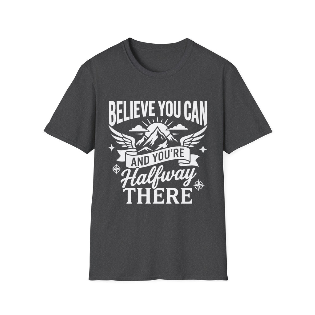 Dark Heather t-shirt with “Believe You Can” mountain hiking quote graphic on front