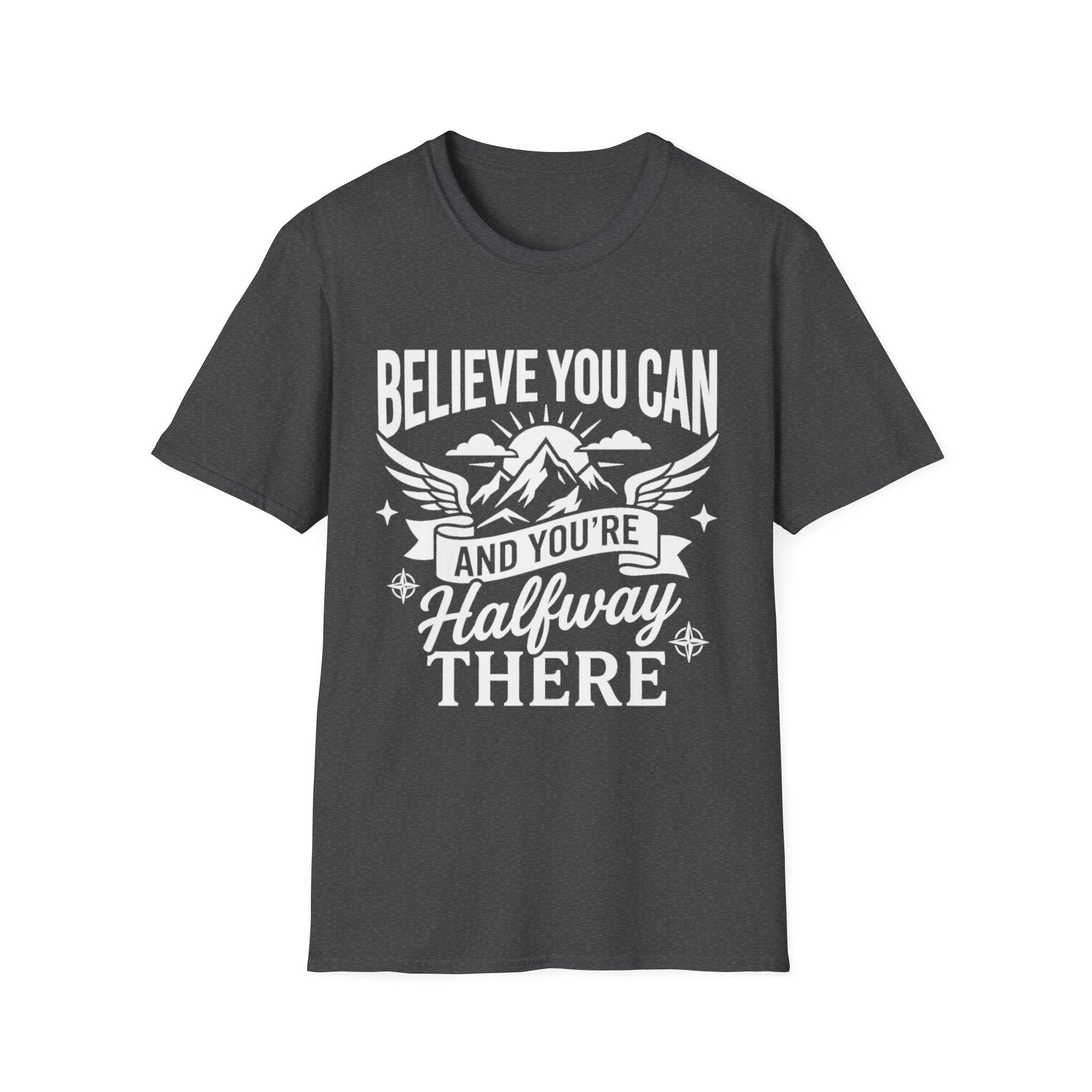 Dark heather gray T-shirt with “Believe You Can” mountain-and-wings typography print
