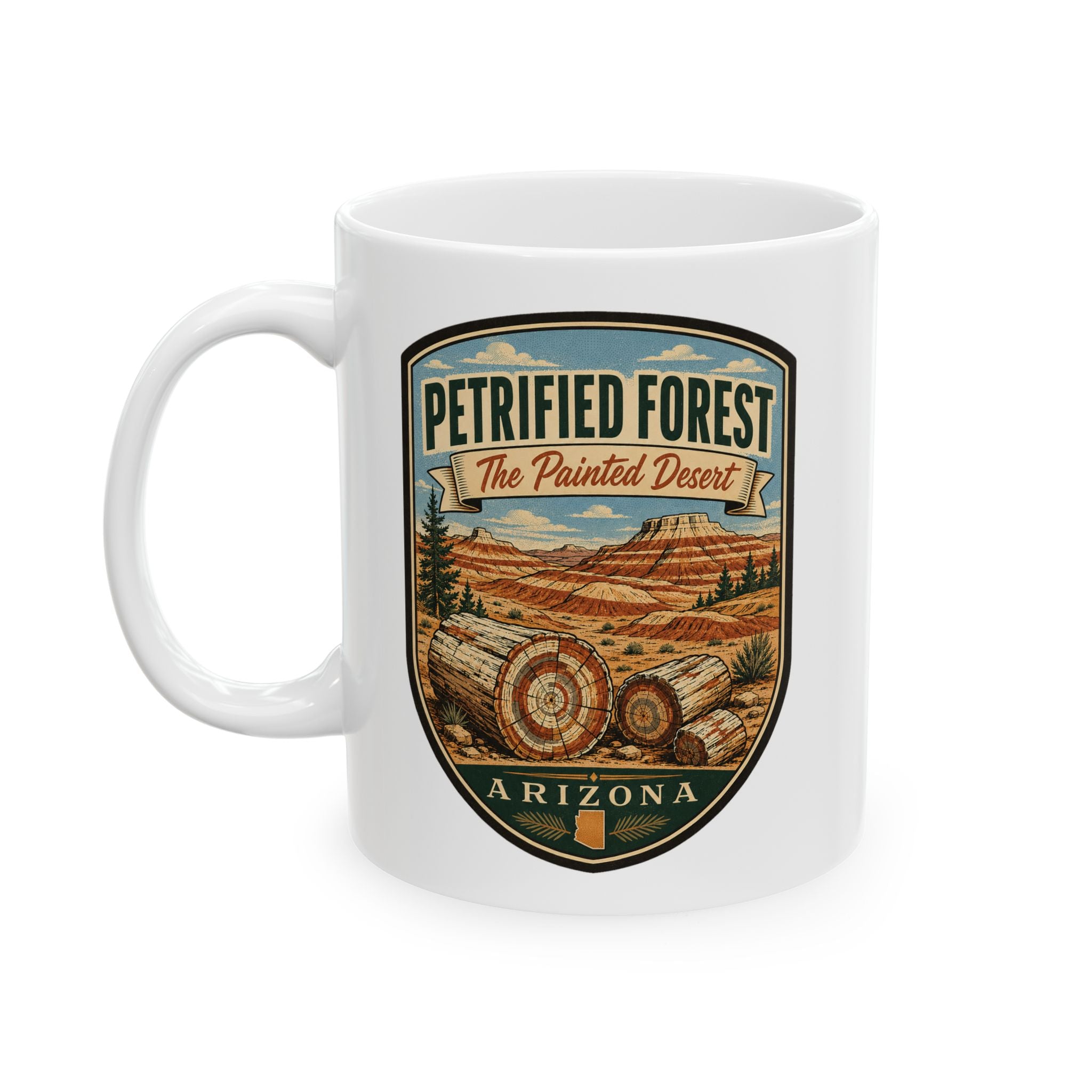 White ceramic mug with front graphic: Petrified Forest Painted Desert, Arizona, scenic badge