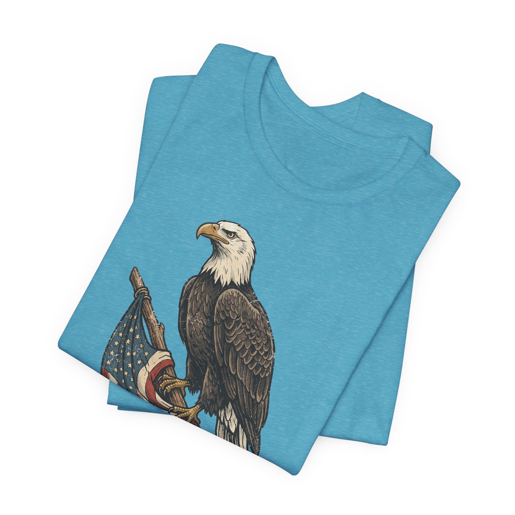 Light blue t-shirt with vintage eagle and flag graphic, folded pair