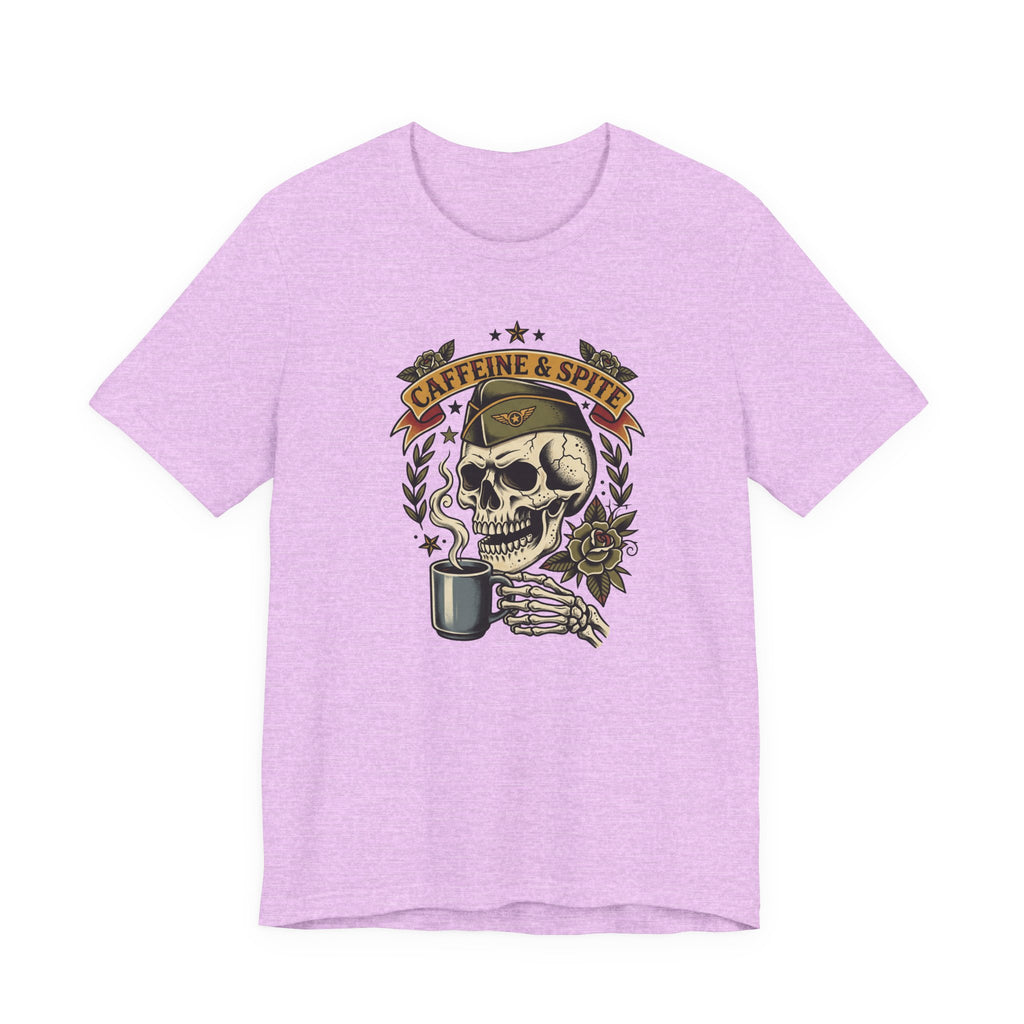 Lavender graphic T-shirt with skull holding coffee mug, Caffeine & Spite design