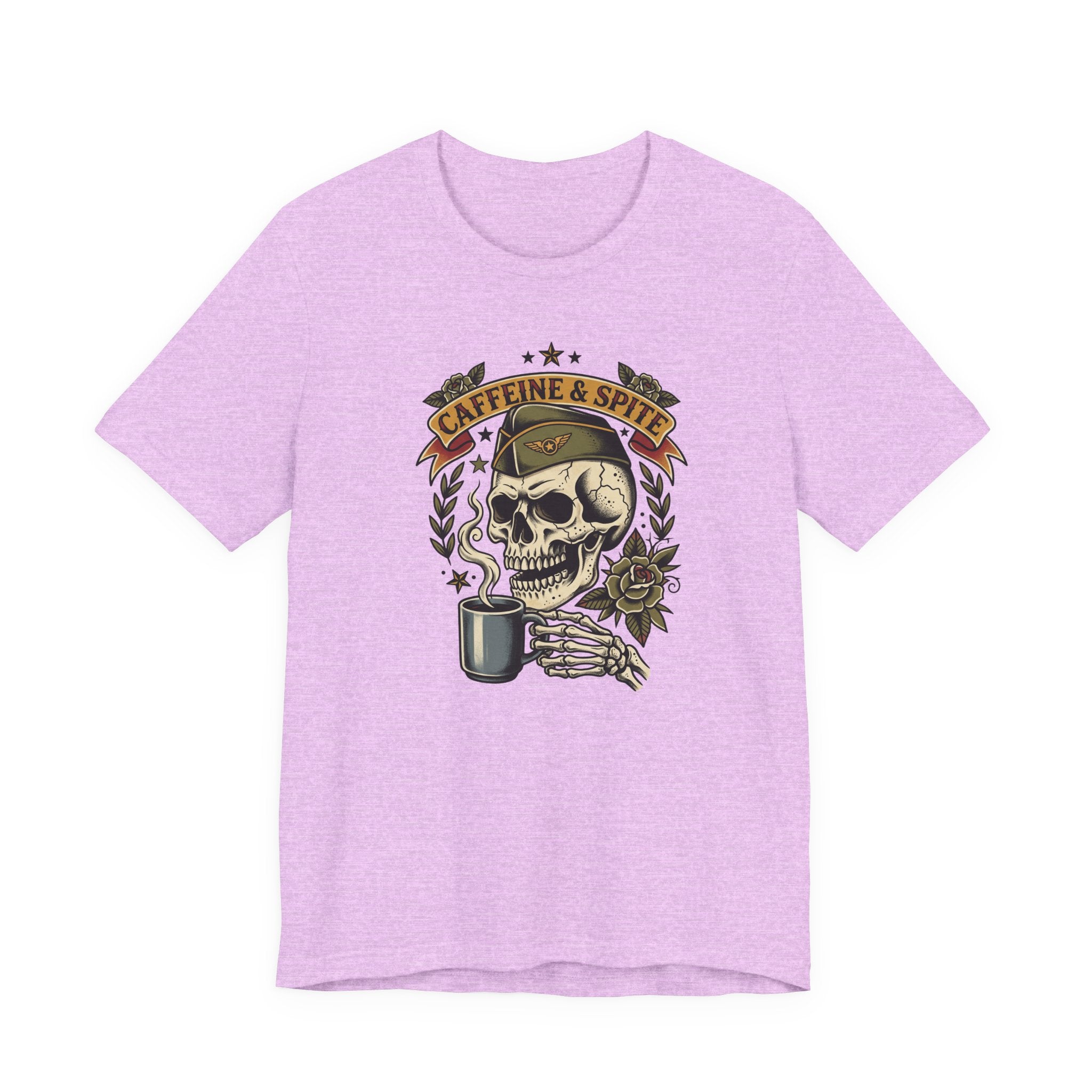 Lavender graphic T-shirt with skull holding coffee mug, Caffeine & Spite design