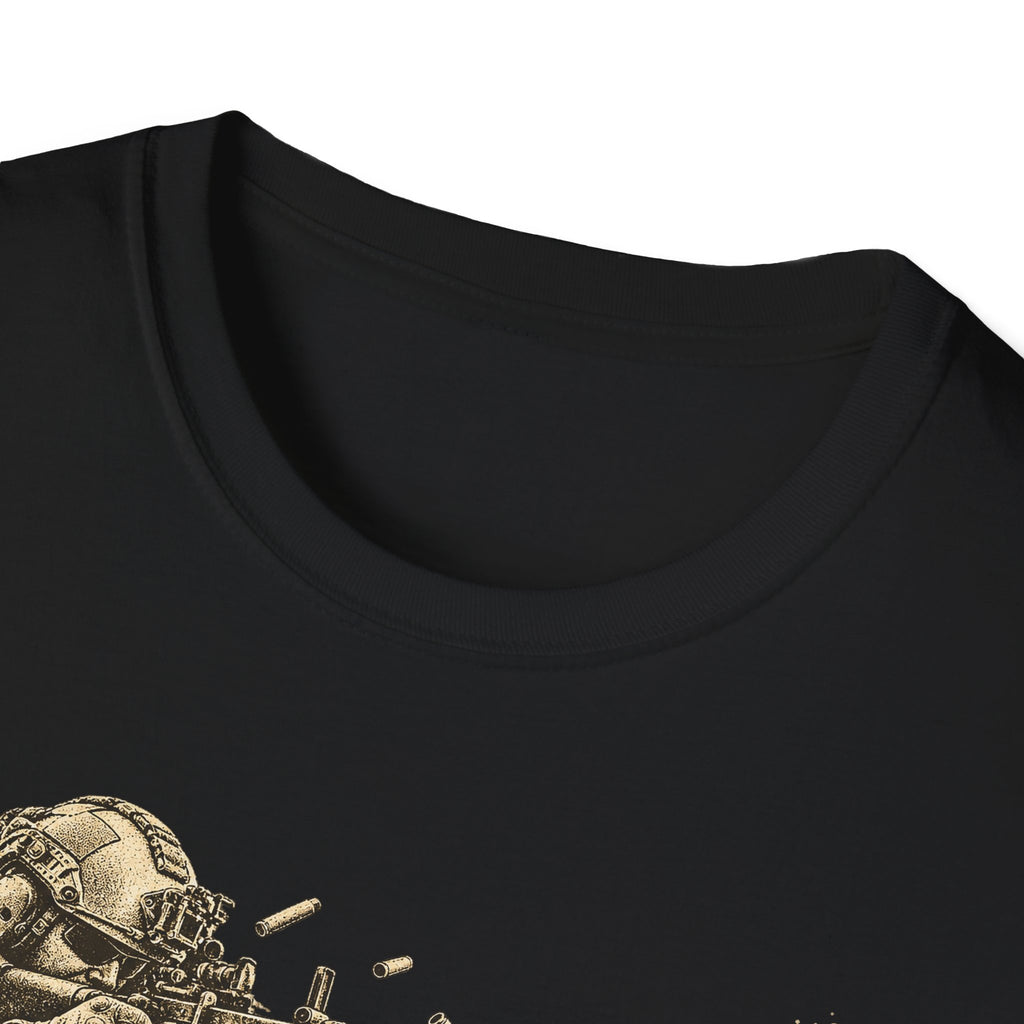 Black crewneck T-shirt with close-up soldier and machine gun graphic detail