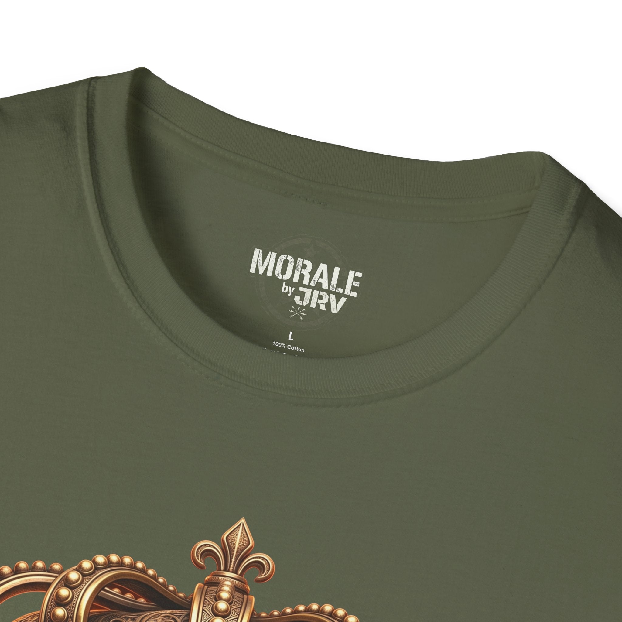 Crowned Skull T-Shirt collar print and gold crown skull detail, military green