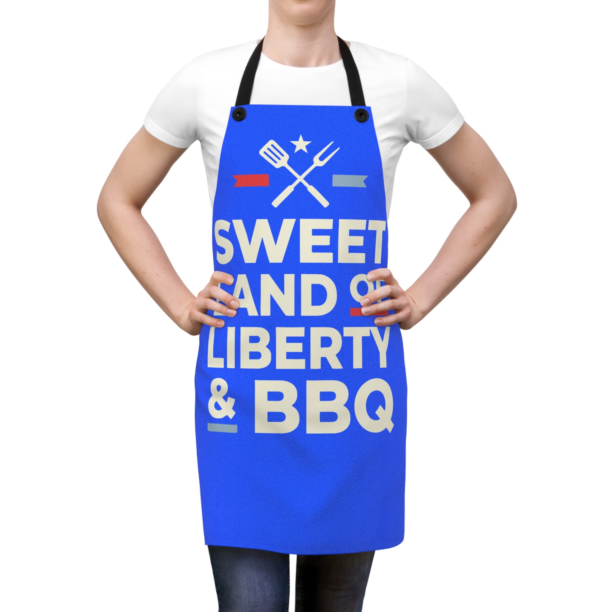 Blue BBQ apron worn over white shirt, 'Sweet Land of Liberty & BBQ' lettering