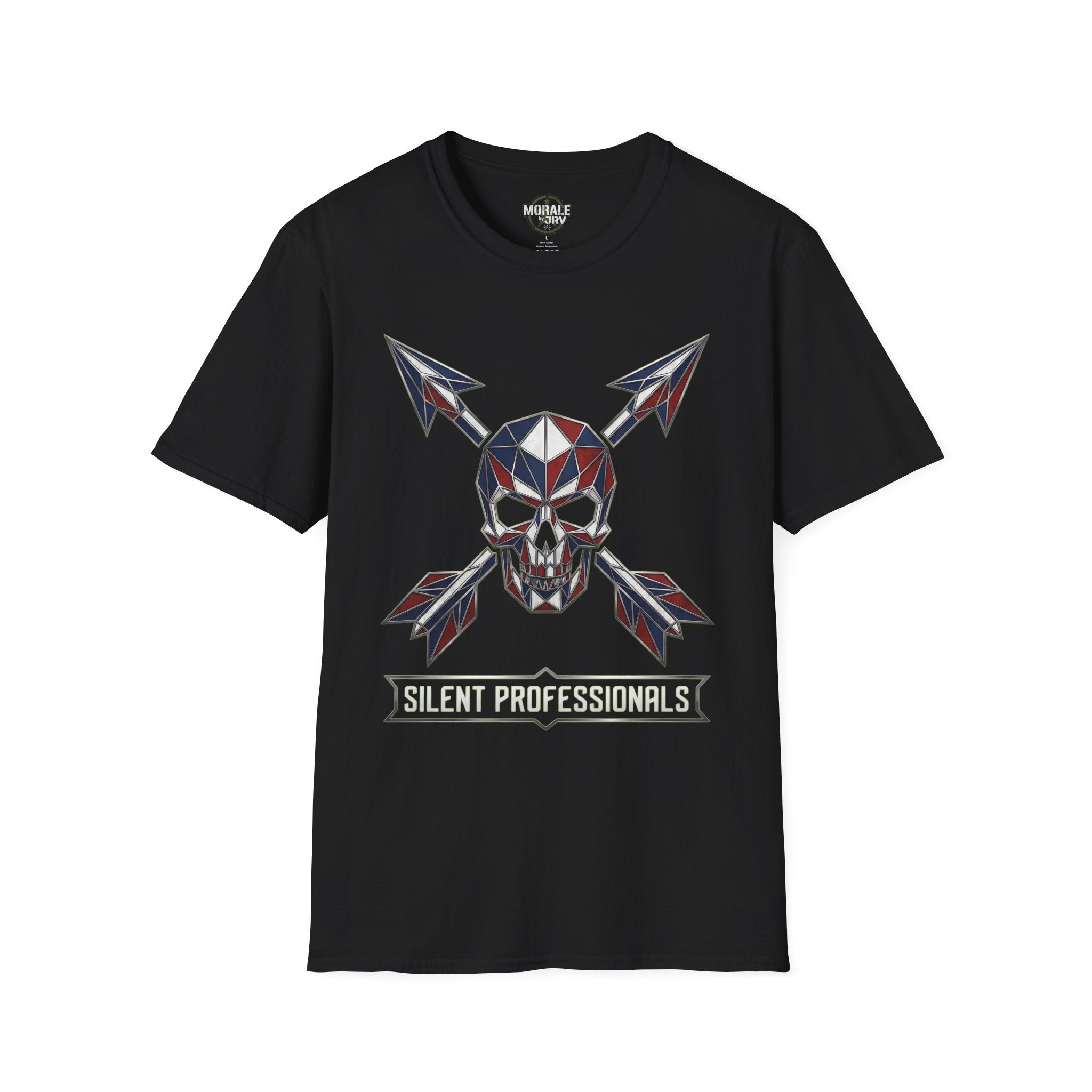 Black T-shirt with geometric skull, crossed arrows print and Silent Professionals logo