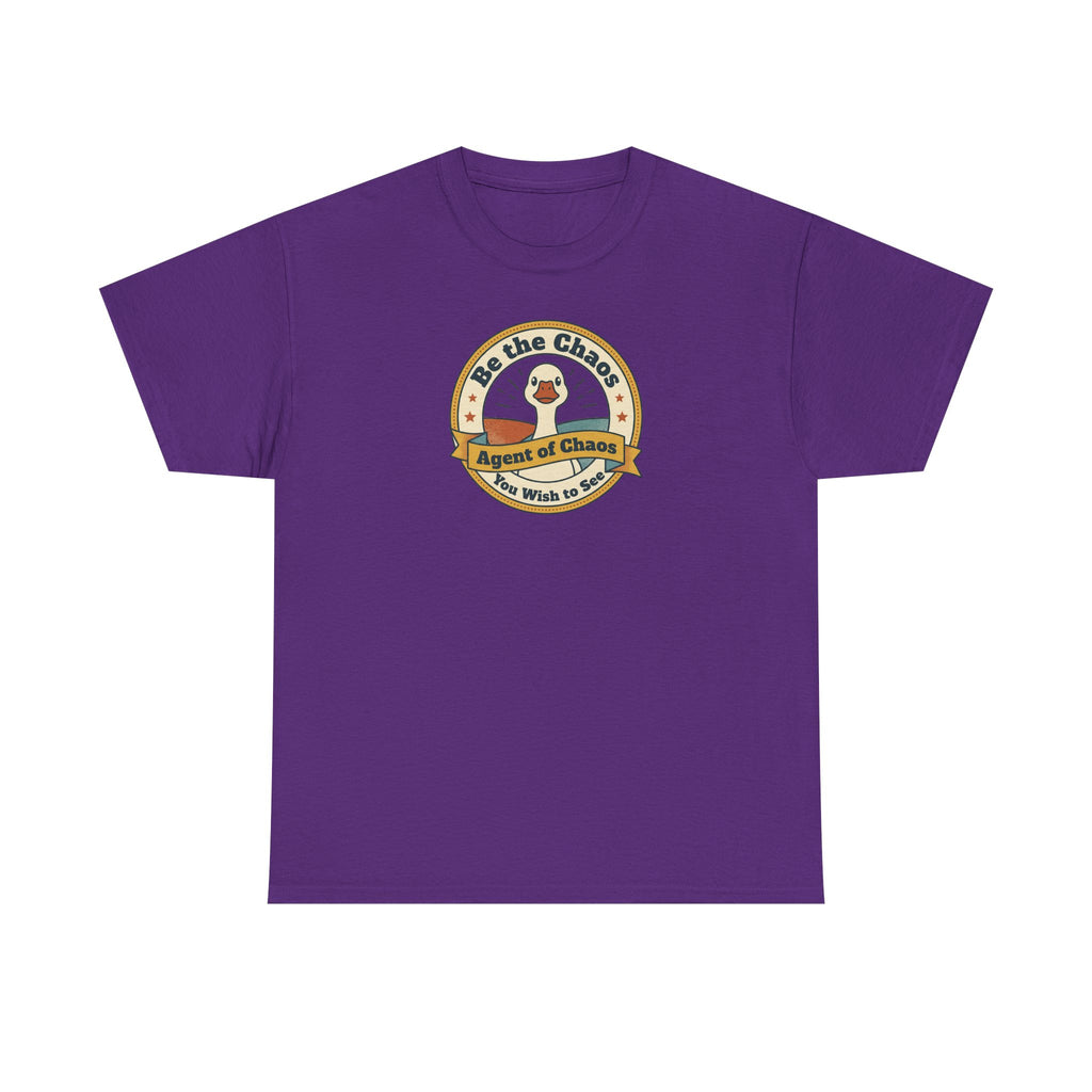 Purple T-shirt with circular duck emblem graphic on the chest