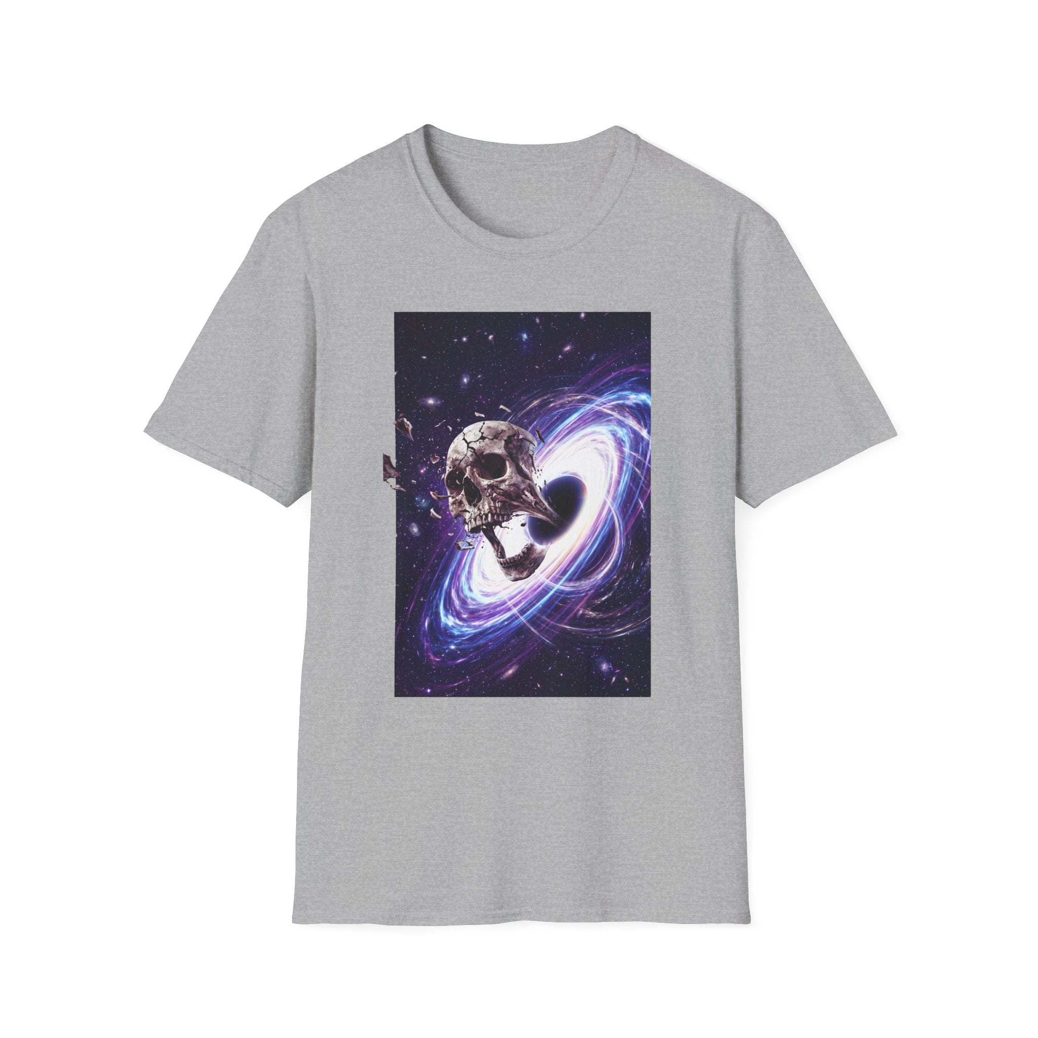 Light gray T-shirt with cosmic skull and galaxy swirl graphic on the front