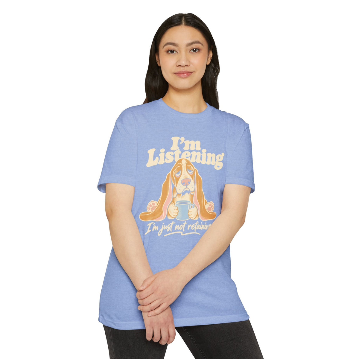 Light blue short-sleeve T-shirt with basset hound listening graphic and text print