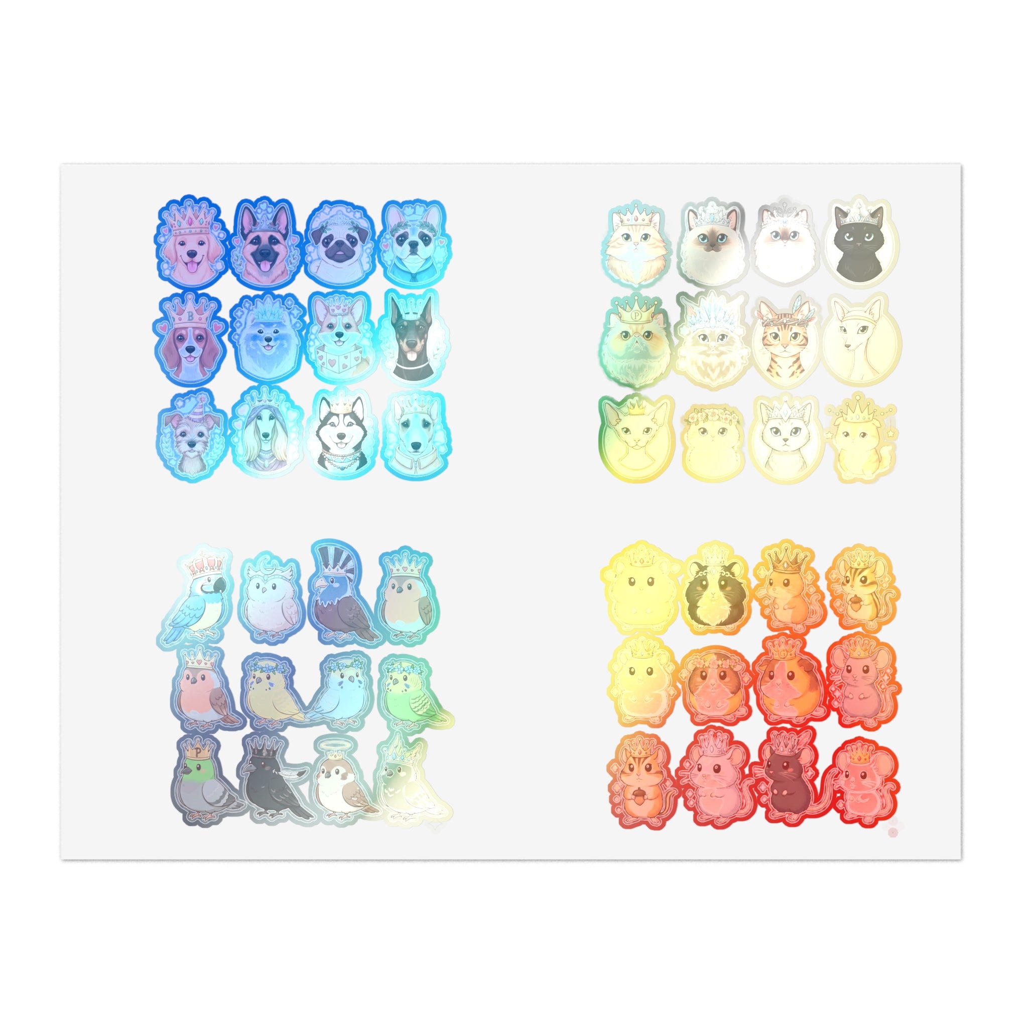 Royal Pets holographic die-cut stickers, dogs and cats with rainbow shine