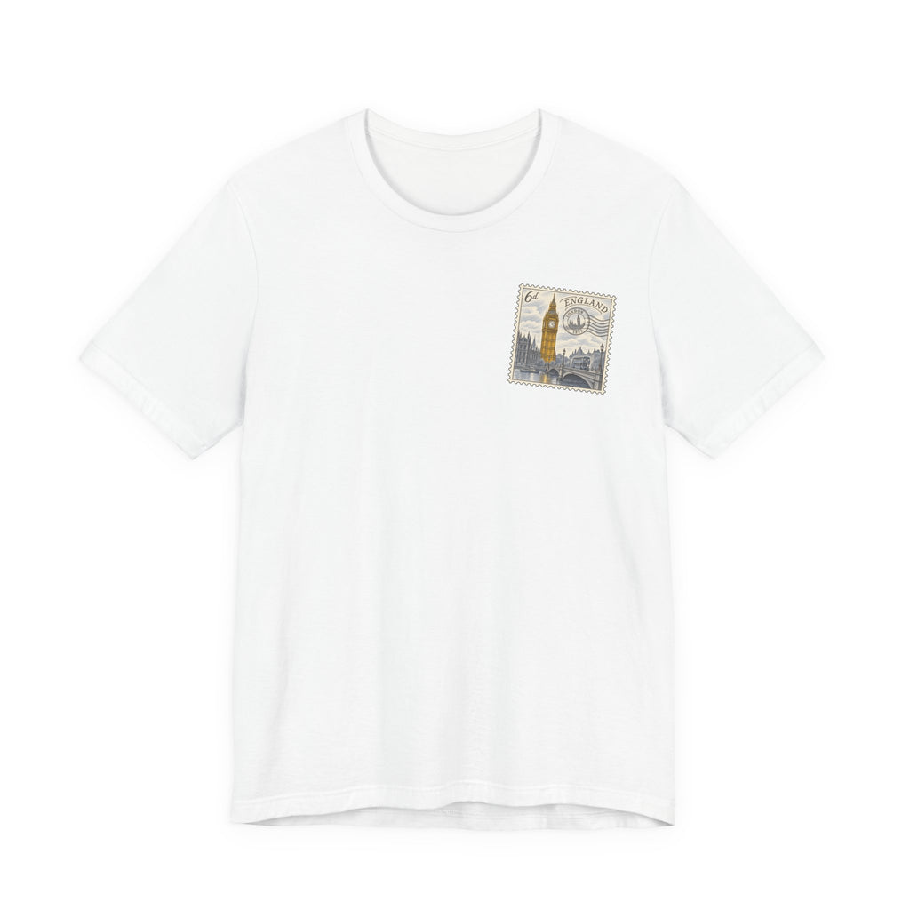 Men's white travel t-shirt with small vintage postage stamp-style tower graphic