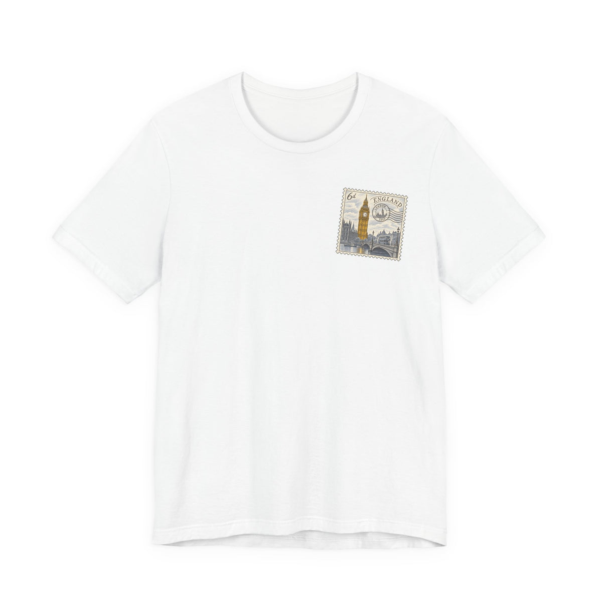 Men's white travel t-shirt with small vintage postage stamp-style tower graphic
