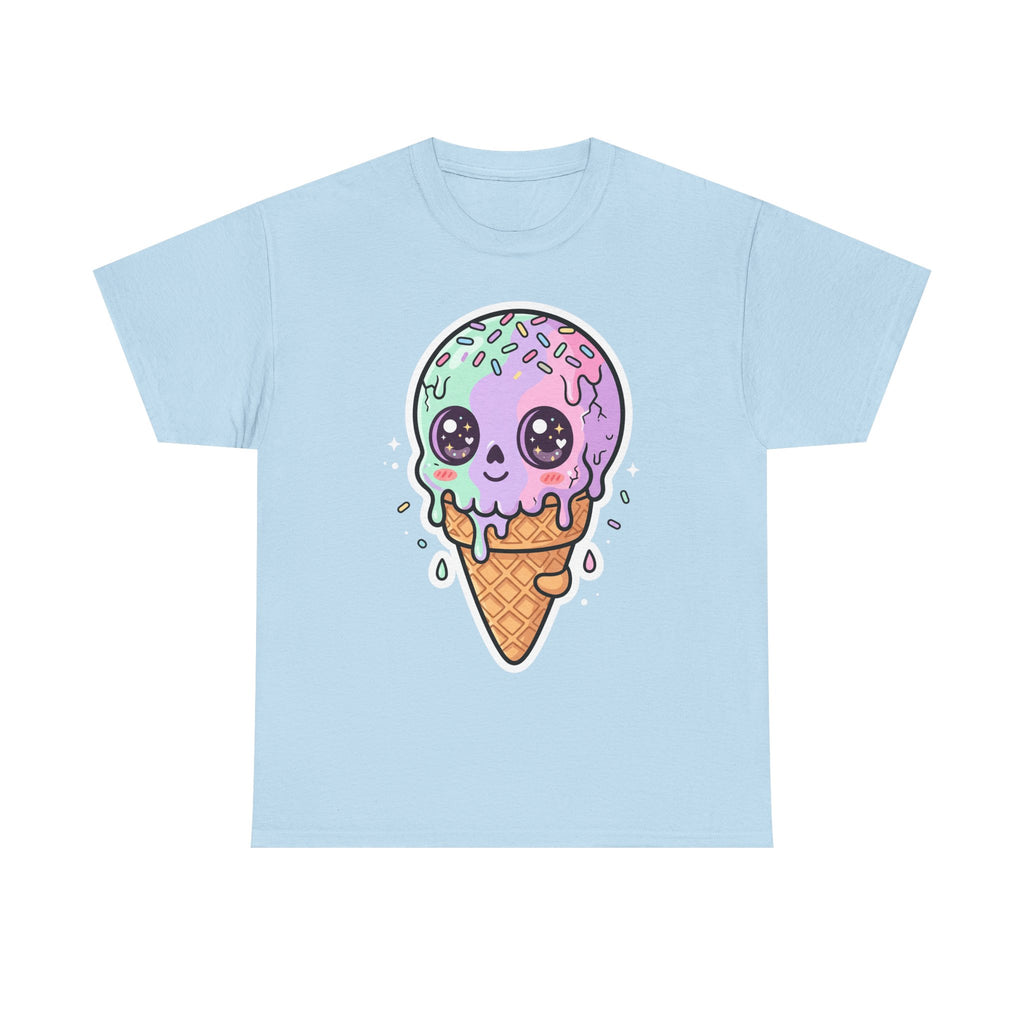 Kawaii melting ice cream cone T-shirt, purple kawaii ice cream graphic on light blue