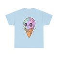 Kawaii melting ice cream cone T-shirt, purple kawaii ice cream graphic on light blue